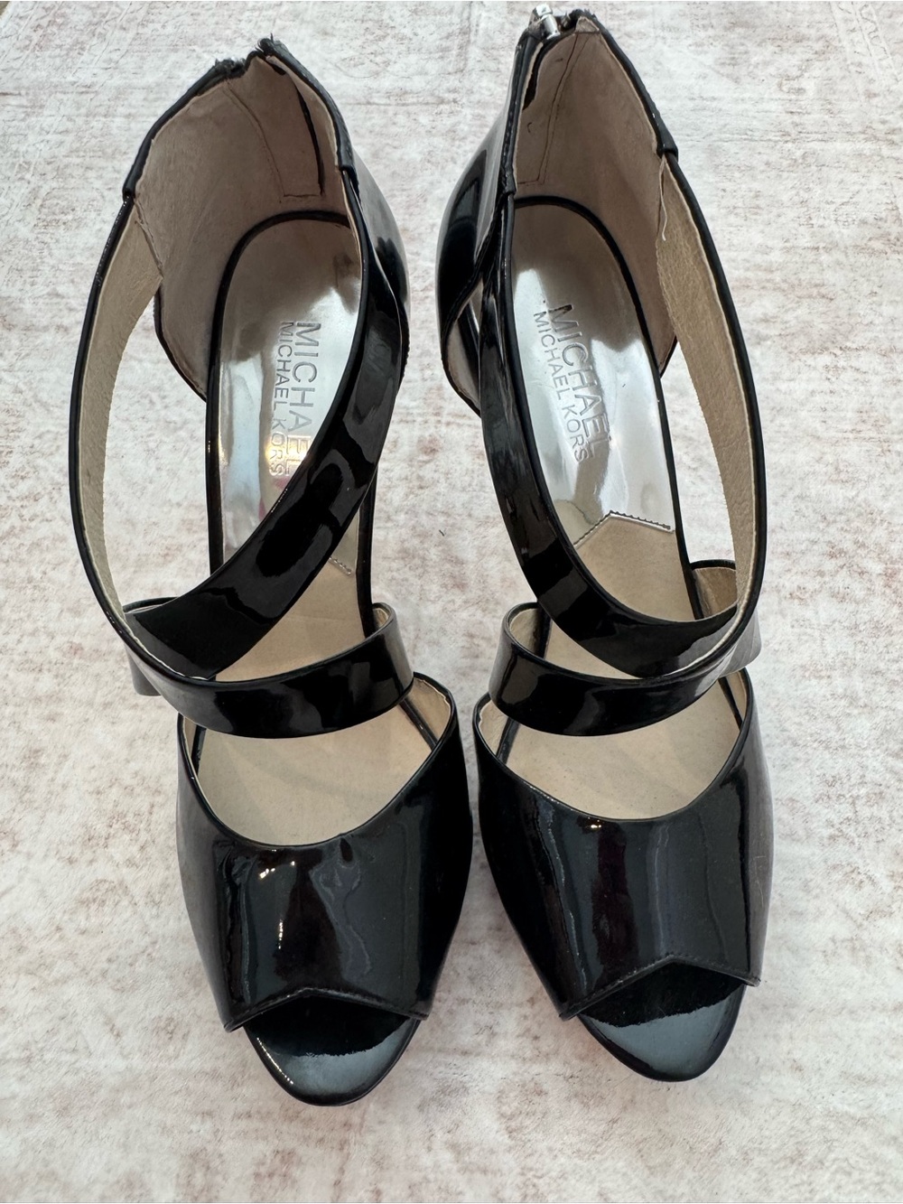 Michael Kors Black Patent Strappy Peep-Toe Heels